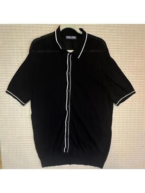 PJ PAUL JONES Black Knit Short Sleeve Button-Up Shirt Contrast Trim L